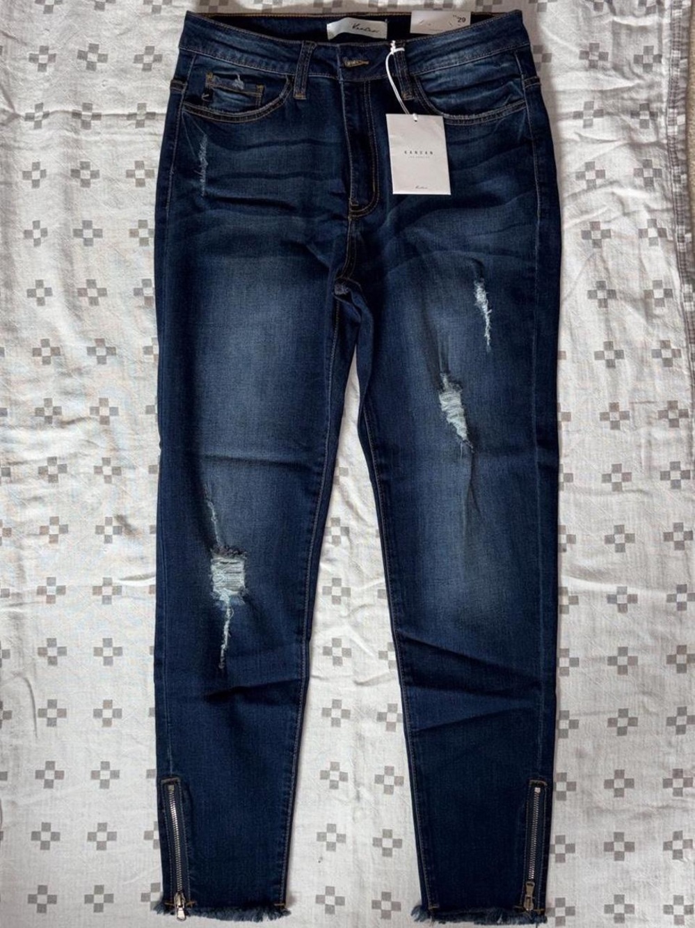 KanCan Dark Blue Distressed Skinny Jeans with Ankle Zippers 11/29 - Picture 1 of 5